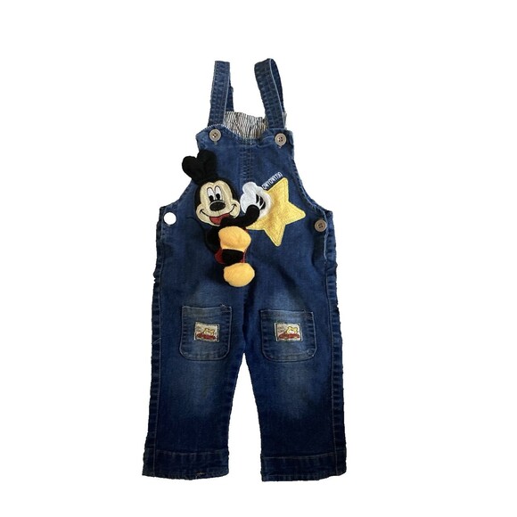 Vintage Disney Mickey Mouse Denim Overalls Size 12-18M Embroidered 3D Mickey